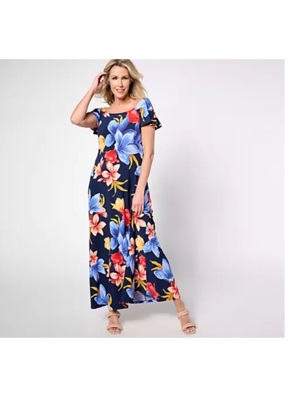 Attitudes by Renee Dress Maxi sz MT Jersey Flutter Sleeve Black Floral A637011